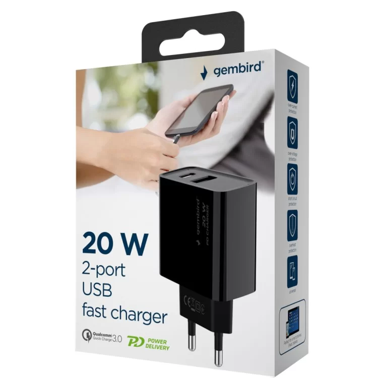 Зарядное устройство Gembird 1xUSB-A + 1 Type-C (PD20Вт + QC3.0 18Вт) black (TA-UC-PDQC20-01-BK) инструкция - картинка 6