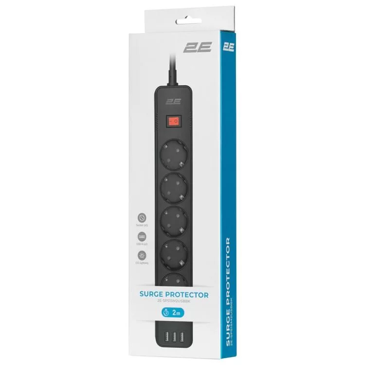 Мережевий фільтр живлення 2E 5XSchuko, 3G*1.5мм, 3*USB-A, 2м, black (2E-SP515M2USBBK) інструкція - картинка 6