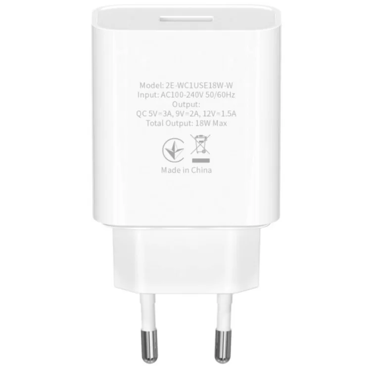 в продажу Зарядний пристрій 2E USB Wall Charger QC3.0 DC5V/3A, Max 18W, white (2E-WC1USB18W-W) - фото 3