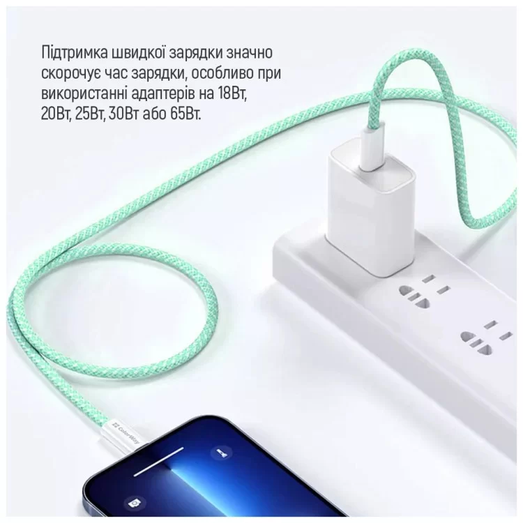 Дата кабель USB-C to USB-C 1.0m 60W 3.0А green ColorWay (CW-CBPDCC061-G) - фото 11