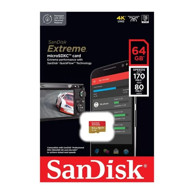 Карта пам'яті SanDisk 64GB microSD class 10 UHS-I U3 V30 Extreme (SDSQXAH-064G-GN6MN) ціна 798грн - фотографія 2