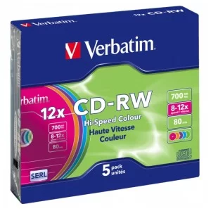 Диск CD Verbatim CD-RW 700Mb 12X SlimBox 5шт Color (43167)