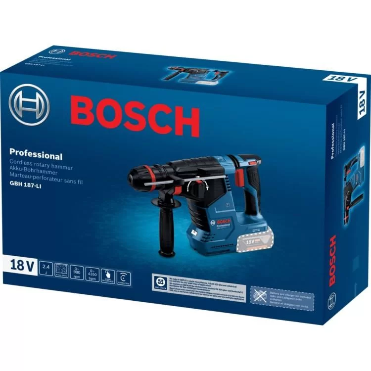 Перфоратор Bosch GBH 187-LI, патрон SDS-plus 24мм, 18В, 2.4Дж, 980об/мин (без АКБ и ЗУ) (0.611.923.120) - фото 10