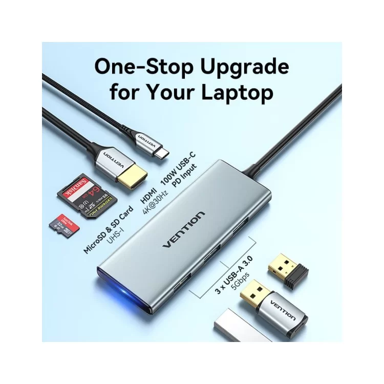 Концентратор Vention USB 3.1 Type-C to HDMI/USB 3.0x3/SD/TF/PD 100W 7-in-1 (TOPHB) отзывы - изображение 5