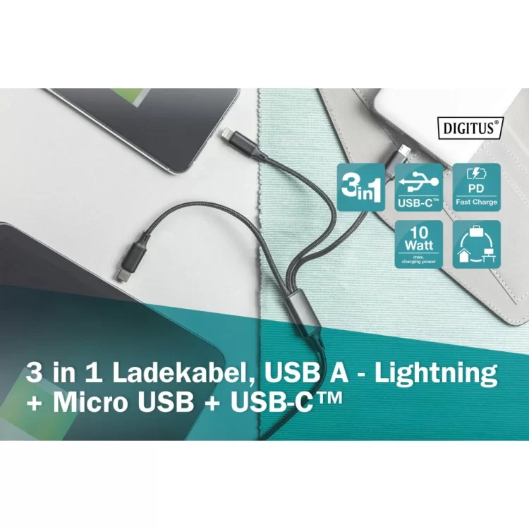 Дата кабель USB 2.0 AM to Lightning + Micro 5P + Type-C 1.0m charge only Digitus (AK-300160-010-S) - фото 9