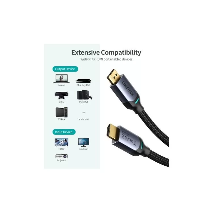 Кабель мультимедійний HDMI to HDMI 2.0m V.2.1 8K 60Hz HDR10 HLG 48Gbps YUV 444 Choetech (XHH01-BK) відгуки - зображення 5