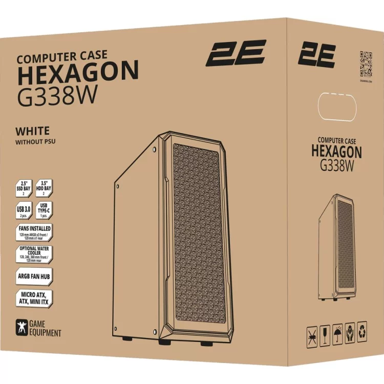 Корпус 2E Gaming Hexagon G338W, без БЖ, 2xUSB 3.0, 1xUSB Type-C, 1x120mm, 3x120mm ARGB, TG Side Panel, AT (2E-G338W) характеристики - фотография 7