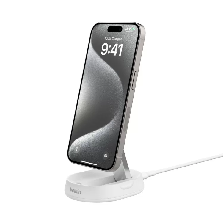 Зарядний пристрій Belkin 15W Magnetic Stand Qi2 white (WIA008BTWH) - фото 9