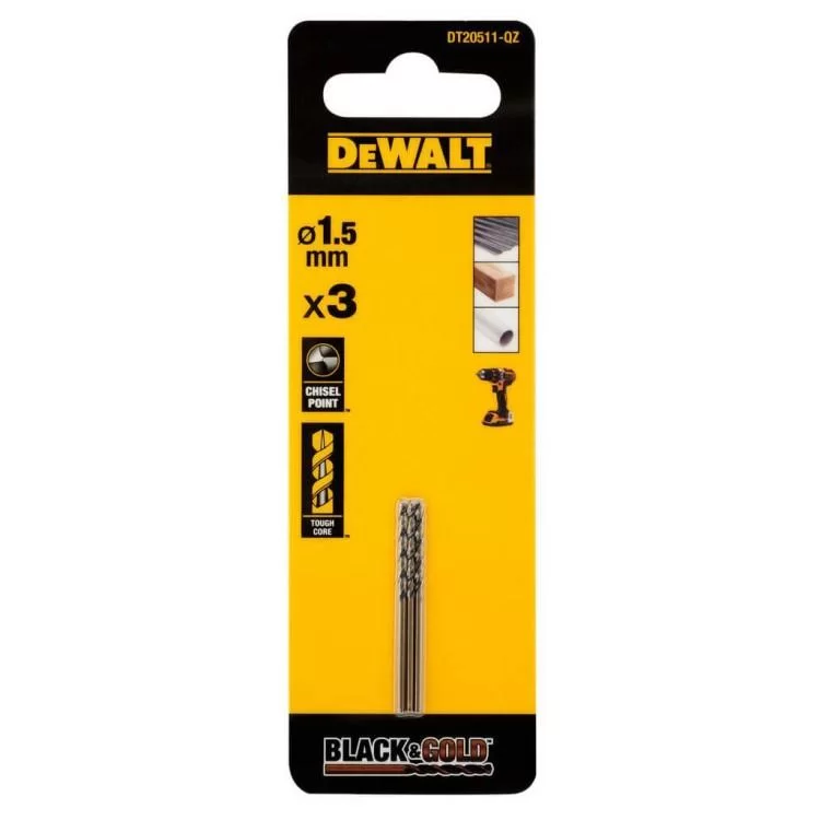 Свердло DeWALT по металу Black & Gold, HSS-G, 1.5 х 40 х 18 мм, 3 шт. (DT20511)