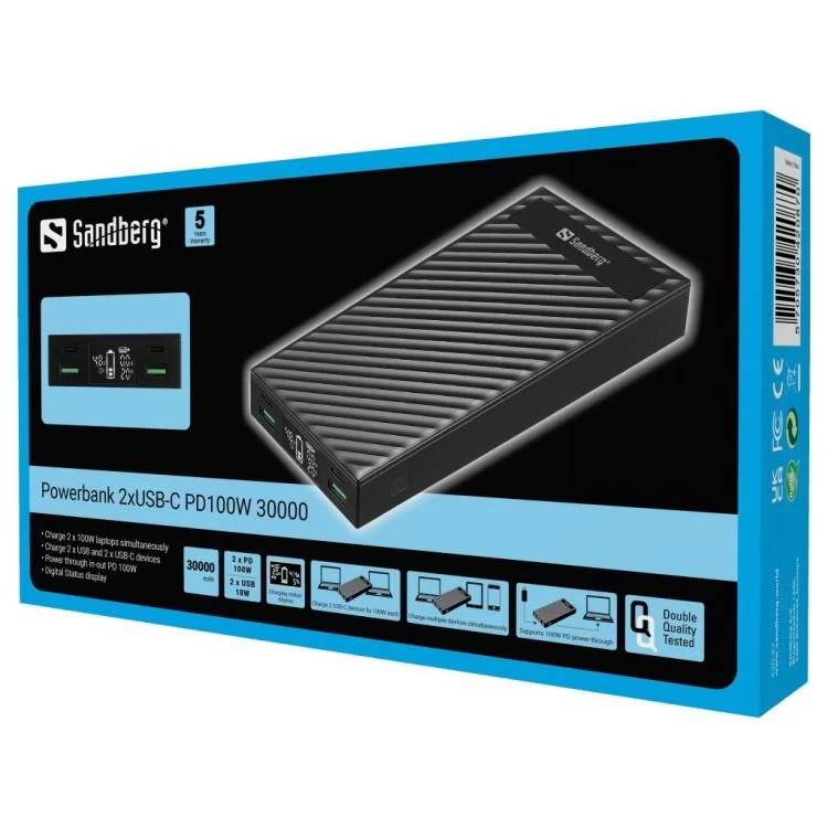 продаємо Батарея універсальна Sandberg 30000mAh, PD/100W, QC/3.0, UPS mode, +2*cable 100W (420-87) в Україні - фото 4