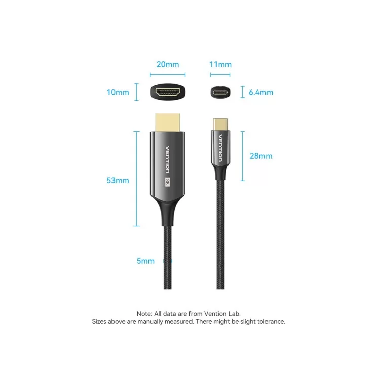 Кабель мультимедийный USB-C 3.1 to HDMI 1.8m 8K 60 Гц Zinc Alloy TPE Black Vention (CRCBAC) характеристики - фотография 7