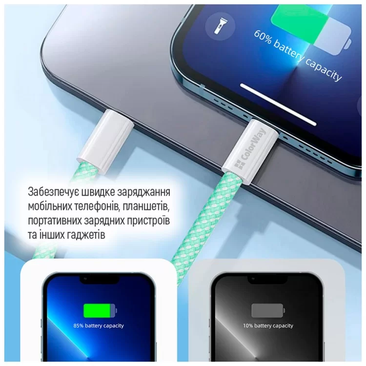 Дата кабель USB-C to Lightning 1.0m 27W green ColorWay (CW-CBPDCL061-G) - фото 11