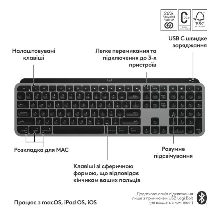 в продажу Клавіатура Logitech MX Keys S для MAC Bluetooth/Wireless UA Space Grey (920-011637) - фото 3