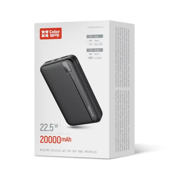 продаем Батарея универсальная ColorWay 20 000 mAh PD/22.5W, QC/3.0, black (CW-PB200LPA4BK-PD) в Украине - фото 4