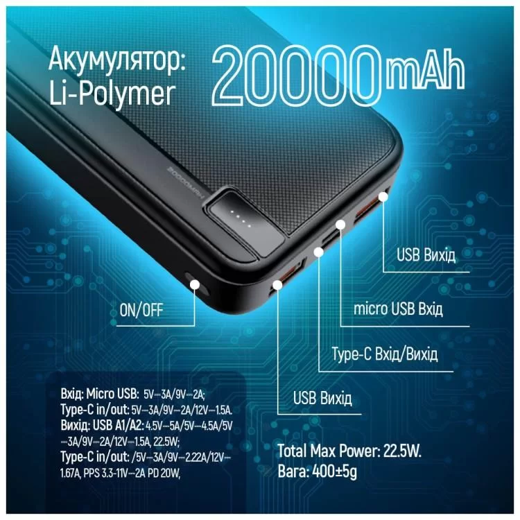 Батарея универсальная ColorWay 20 000 mAh PD/22.5W, QC/3.0, black (CW-PB200LPA4BK-PD) инструкция - картинка 6