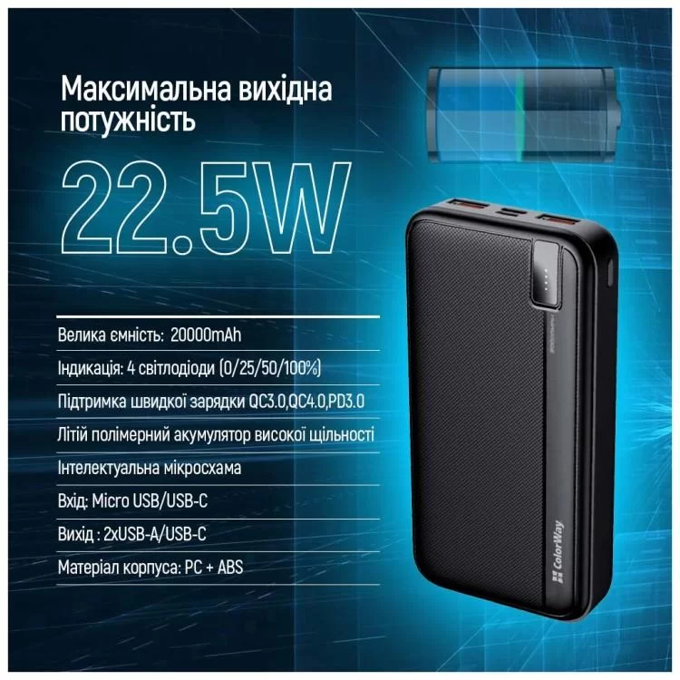 Батарея универсальная ColorWay 20 000 mAh PD/22.5W, QC/3.0, black (CW-PB200LPA4BK-PD) характеристики - фотография 7