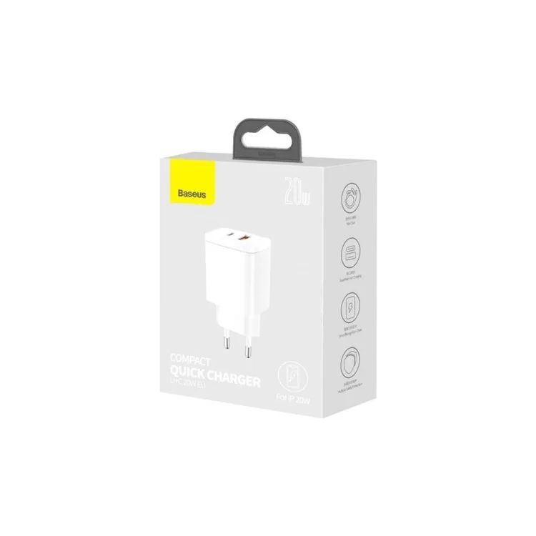 в продажу Зарядний пристрій Baseus Compact Quick Charger U+C 20W EU White (CCXJ-B02) - фото 3