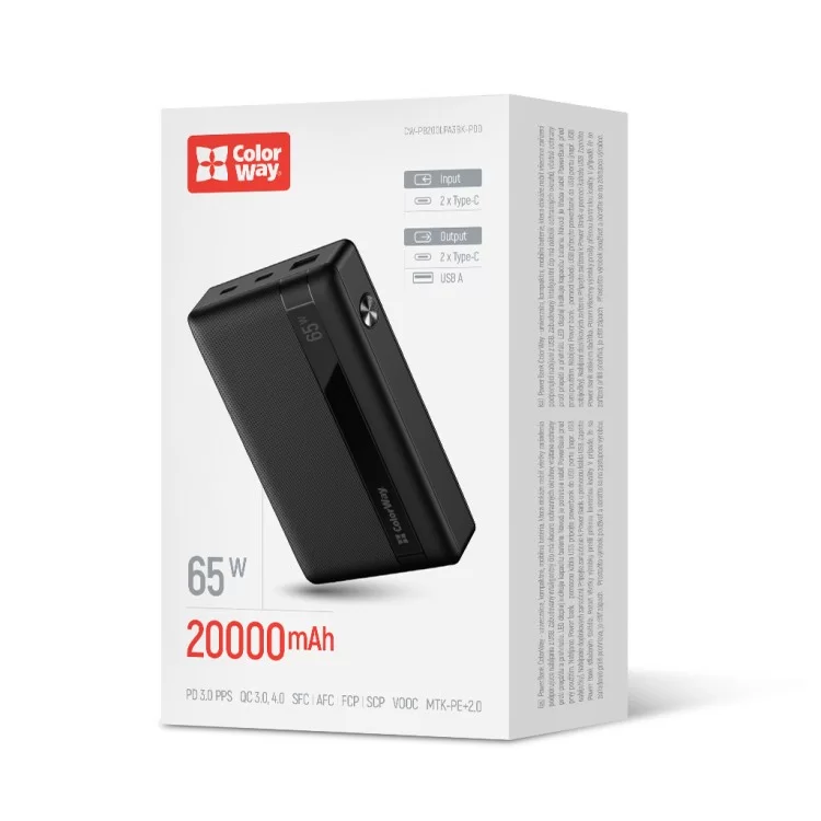 Батарея універсальна ColorWay 20 000 mAh PD/65W, QC/3.0, black (CW-PB200LPA3BK-PDD) інструкція - картинка 6