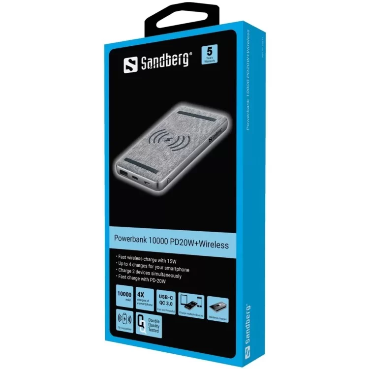 Батарея універсальна Sandberg 10000mAh, PD/20W,  Wireless QI 15W, QC3.0, USB-C, Micro-USB, USB-A (420-61) ціна 1 598грн - фотографія 2