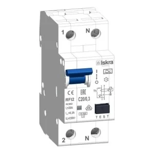 Дифференциальный автоматический выключатель RFI2 С20A, 1P+N, 300мА