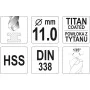 Сверло по металлу титановое HSS-TIN, диаметр 11 мм, длина 142/94 мм YATO - YT-44664