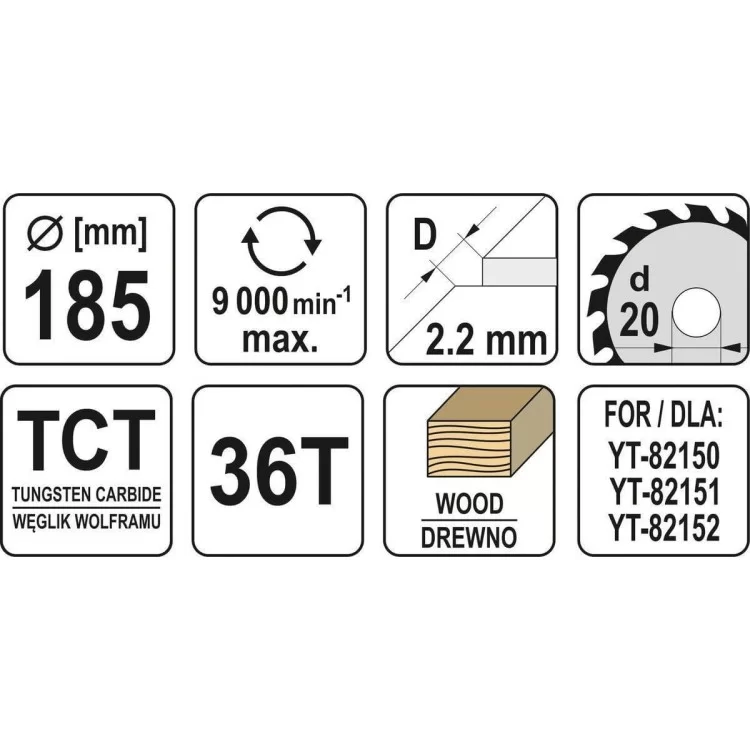 в продажу Диск пильний побідитовий по дереву 185 x 20 x 2.2 x 1.5 мм, 36 зубів Yato - YT-60622 - фото 3