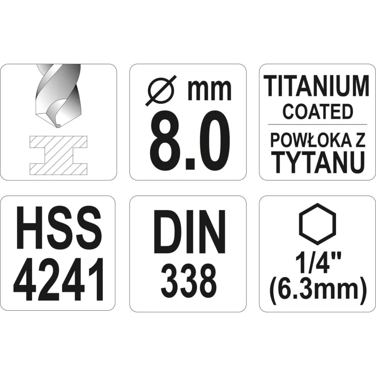 продаем Сверло по металлу 8 мм, HSS, титановое покрытие, хвостовик 1/4, 117 мм YATO - YT-44768 в Украине - фото 4