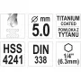 Сверло по металлу 5 мм, HSS, титановое покрытие, хвостовик 1/4, 106 мм YATO - YT-44761