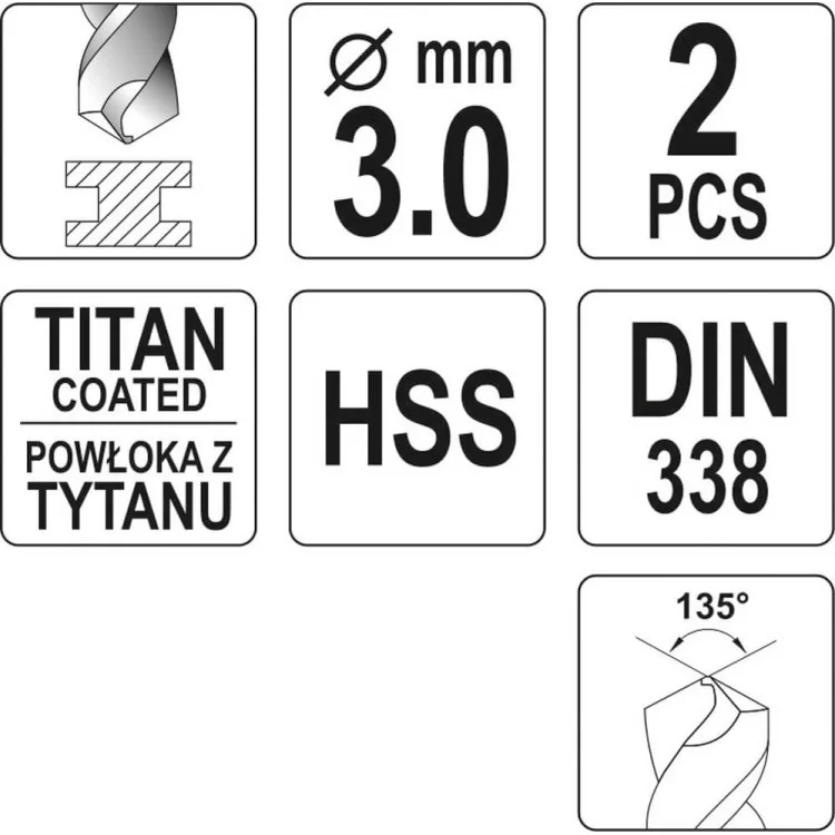 в продаже Сверла по металлу титановые HSS-TIN, диаметр 3 мм, длина 61/33 мм, 2 шт YATO - YT-44635 - фото 3