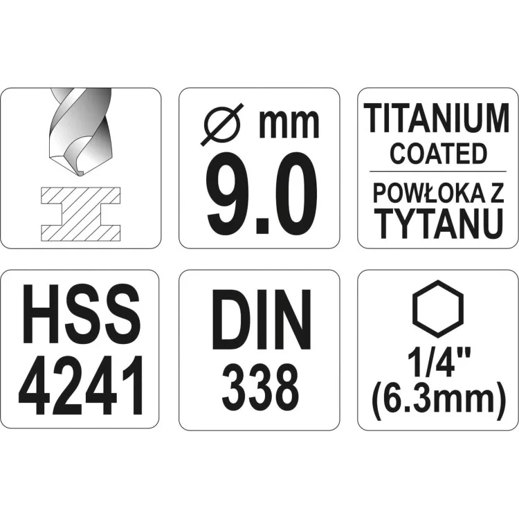в продажу Сверло по металлу 9 мм, HSS, титановое покрытие, хвостовик 1/4, 125 мм YATO - YT-44770 - фото 3